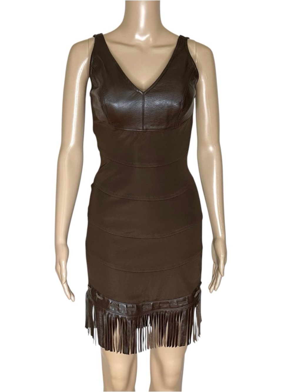 Cache Brown Bandage Bodycon Dress with leather top and leather fringe hem sz S